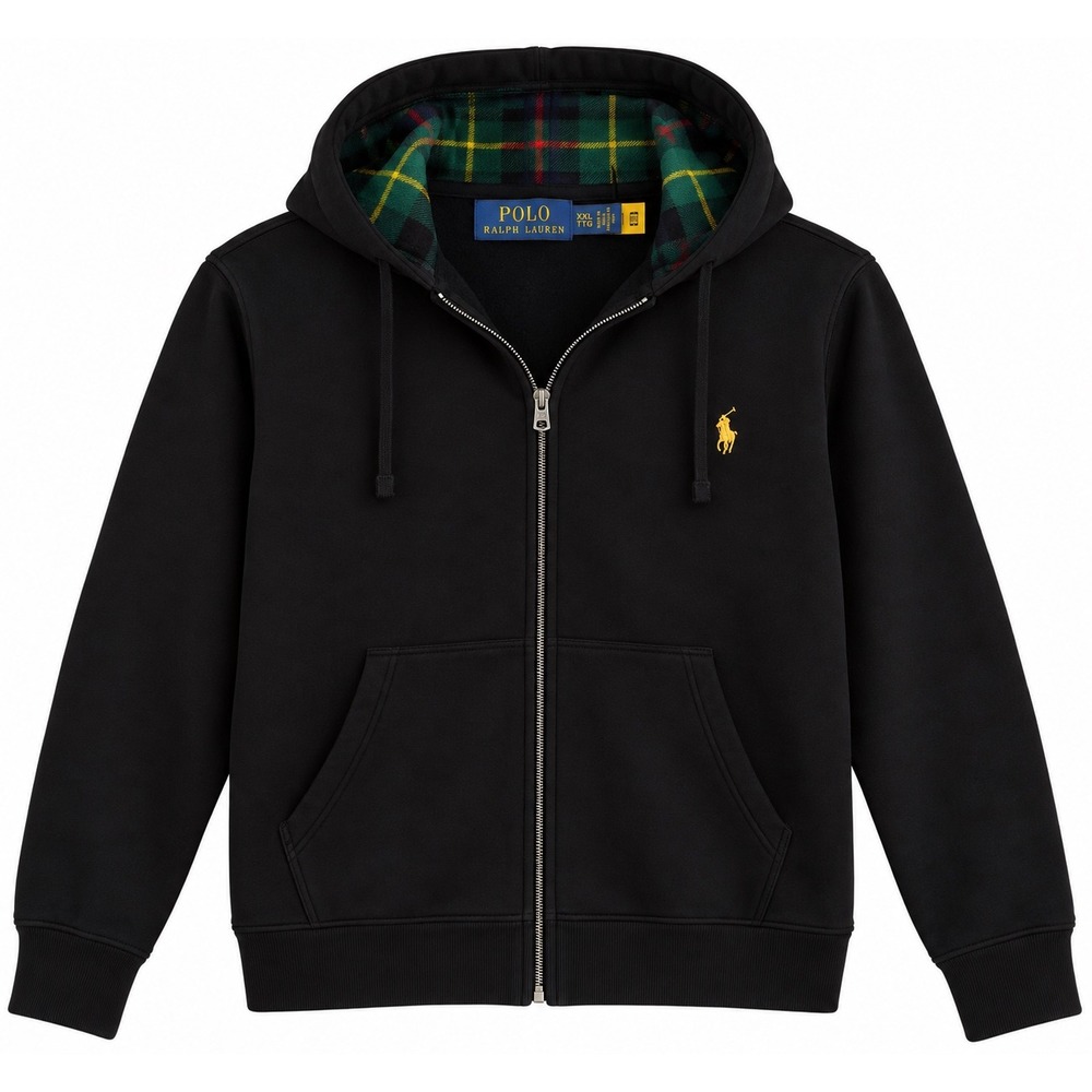 Polo Ralph Lauren Men's XXL Black Full Zip Hoodie Plaid Lined Yellow Pony Jacket